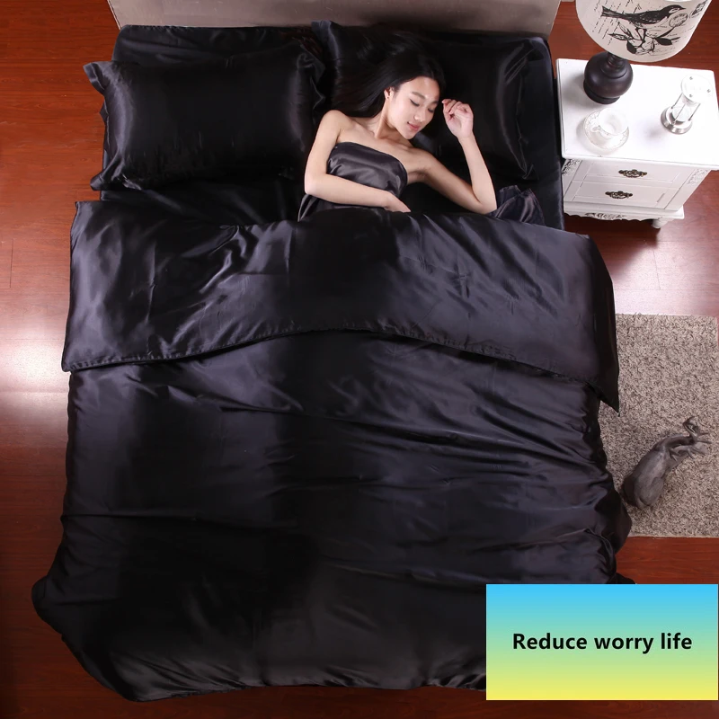  HOT Satin Silk Bedding Set Home Textile King Size Bed Set Bed Clothes Duvet Cover Flat Sheet Pillow