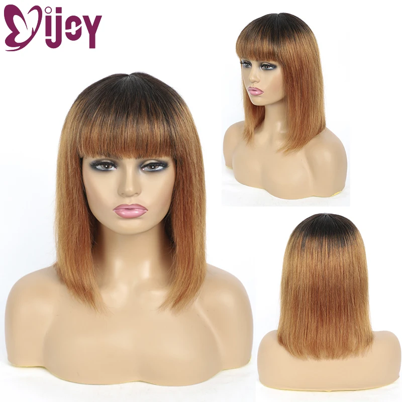 Good Deal Human-Hair-Wigs Bangs Short Bob Brown Full-Machine Brazilian IJOY with Omber Non-Remy pBQKM30m8q3
