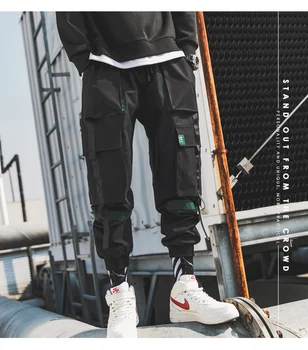 

Ribbons Streetwear Cargo Pants 2020 Autumn Hip Hop Joggers Pants Overalls Black Fashions Baggy Pockets Trousers