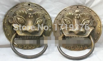 

free shipping<<< 4.8'' Chinese Pure Bronze statue Copper Lion Mask Head Statue Door Knocker Pair