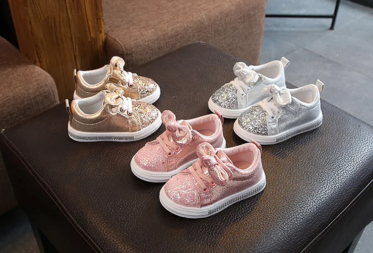 Весенняя детская обувь для девочек; повседневная обувь с бантом и блестками; цвет розовый, серебристый; модная детская обувь принцессы; детская обувь
