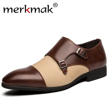 

Merkmak 2020 Pointed Toe Men Dress Shoes Fashion Buckle Business Casual Shoes British Style Big Size 48 Party Wedding Footwear