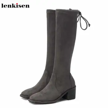 

Lenkisen fashion square toe high heels stretch fabric nubuck winter keep warm solid model streetwear women thigh high boots L02