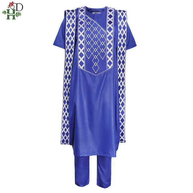 H D-ropa Africana Para Hombre, Traje De Agbada Azul, Cubierta, Camisa,  Pantalones, Conjunto De Piezas Sin Gorra, Bata Dashiki Bordada, Patrón |  