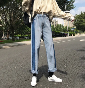

women pencil denim pants high waist boyfriend style casual patchwork jeans loose ladies trousers streetwear pants D615