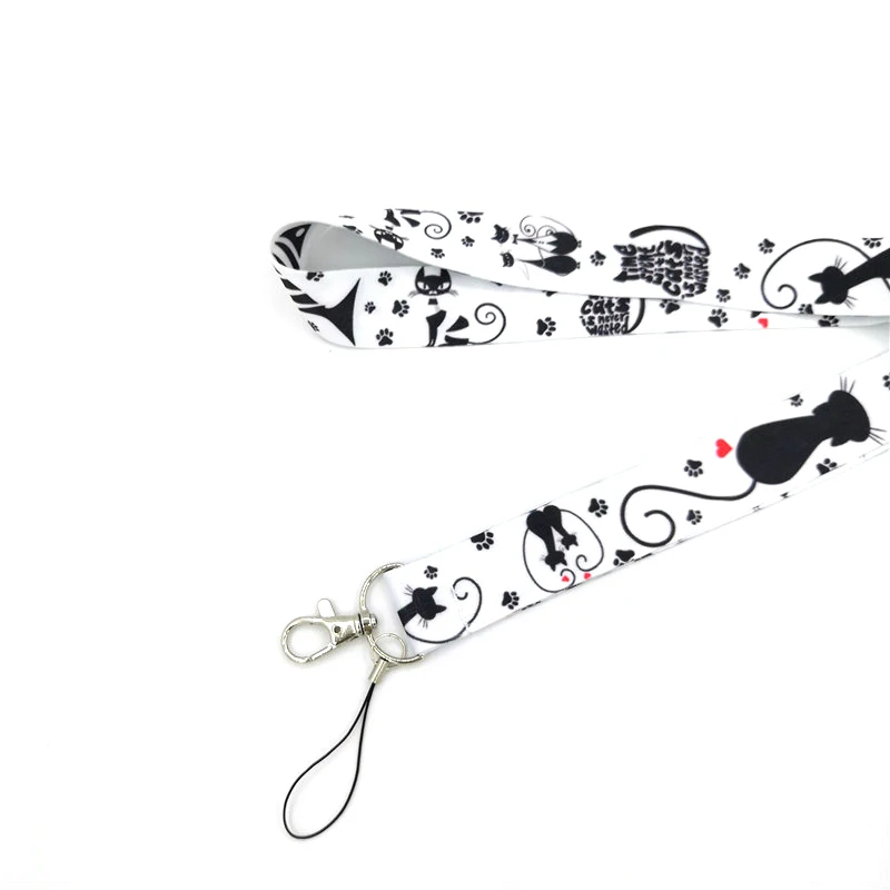 Черный кот мультфильм брелок ремешок тесьма лента шейный ремень эмблема на ткани держатель телефона ожерелье аксессуары