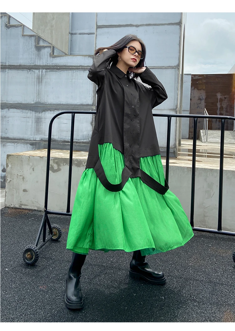XITAO Patchwork Dress Fashion New Women Single Breast Patchwork Plated Hem 2020 Autumn Minority Casual Style Loose Dress ZP3457