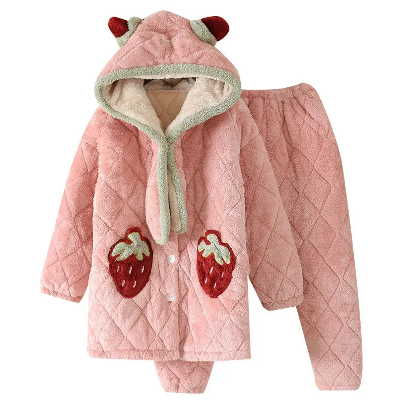 

Cute Strawberry Sleepwear Coral Fleece Robe Women Pajamas Suit Thicken Nightgown Nightwear Loose Flannel 2PCS Sleep Set Homewear