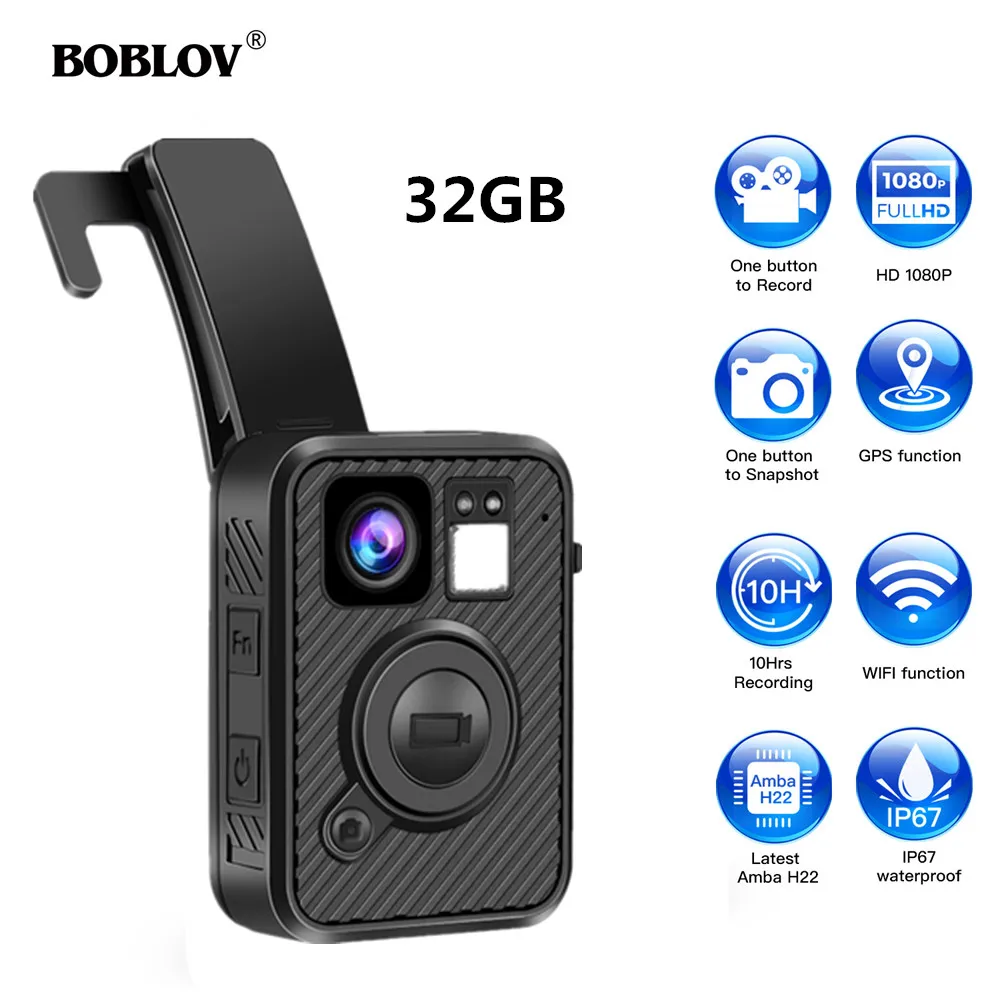 Полицейская камера BOBLOV с Wi-Fi 64 ГБ телескопическая F1 1440P изношенная s для