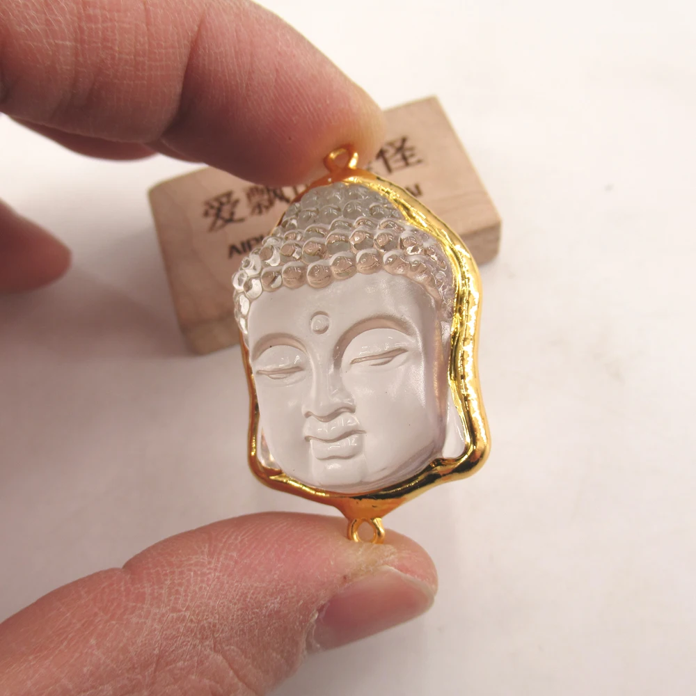1 PC Natural Clear Quartz Crystal 28x45mm Gold Plated Buddha Buddhist Statues Connector Jewelry Making DIY