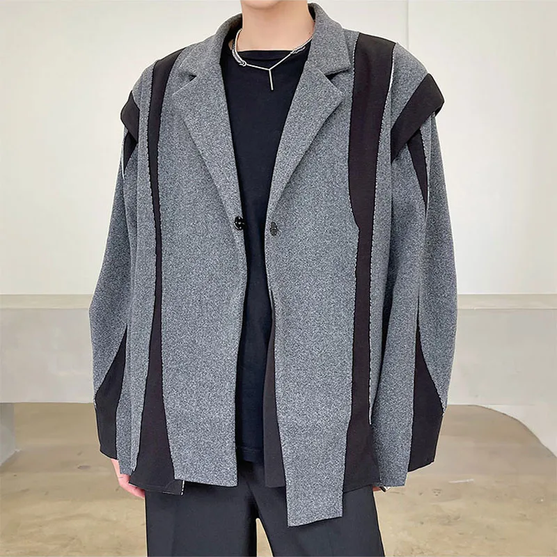 2021 Winter Thicken Raw Edge Splice Woolen Men's Suit Coat Japanese Streetwear Vintage Fashion Loose Casual Suit Jacket Blazer