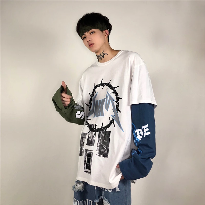 Высокие уличные футболки с принтом Harajuku мужские модные Соединенные с длинными рукавами с круглым вырезом и длинными рукавами в стиле хип-хоп унисекс новая скейтерская футболка