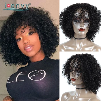 

Short Bob Curly Wig with Bangs pixie cut wigs Deep Wave 100% Human Hair Wig Natural Black color Remy Brazilian Pixie Cut hairs