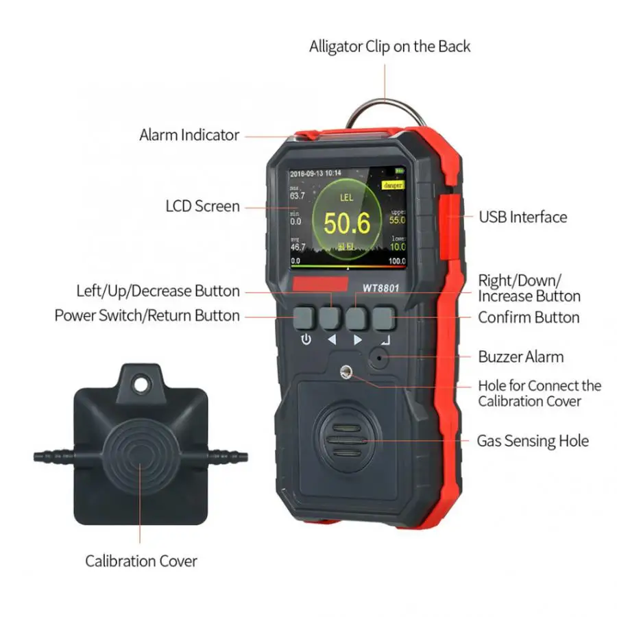 100-240V US Plug WT8801 высокопрофессиональный детектор газа LEL с ЖК-дисплеем, звуковой светильник, вибрационная сигнализация