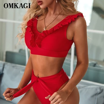 

OMKAGI Deep V Bikini Swimwear Women Solid Swimsuit Push Up Swimming Suit For Women Bandage Sexy Pleated Lace Bikini 2020