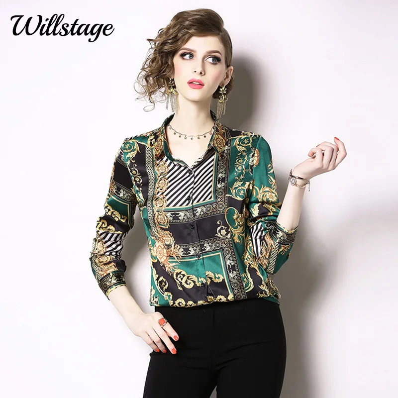 

Willstage 2019 Autumn Women Shirts Striped long sleeve totem pattern Green blouse button OL Work wear office ladies Tops