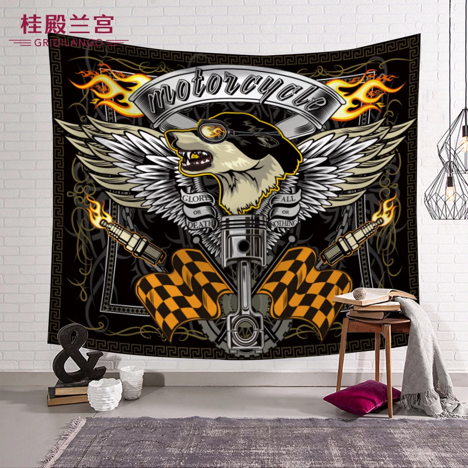 

Customized Gothica Mechanical Dog Tapestry Wall Hanging Glory Skull Fire Carpet Bed Sheet Decorative Background Table Cloth Mat