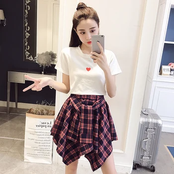 

2020 Summer New Fashion 2piece suit set Women Short Sleeved heart T-shirt + High-waisted Irregular Plaid Skirt