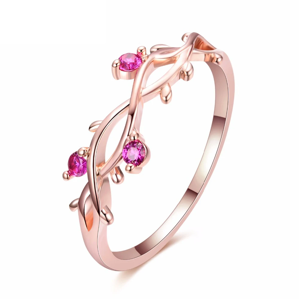 Anillos De Compromiso románticos de rosa de cristal rojo para mujer, anillos creativos de hojas de vid para dedo, bandas de boda, regalos del anillo, talla 5 a 10