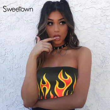 

Sweetown Summer Streetwear Fire Printed Crop Tops For Women Constrast Cami Retro Off-Shoulder Sexy Underwear Wrap Top Harajuku