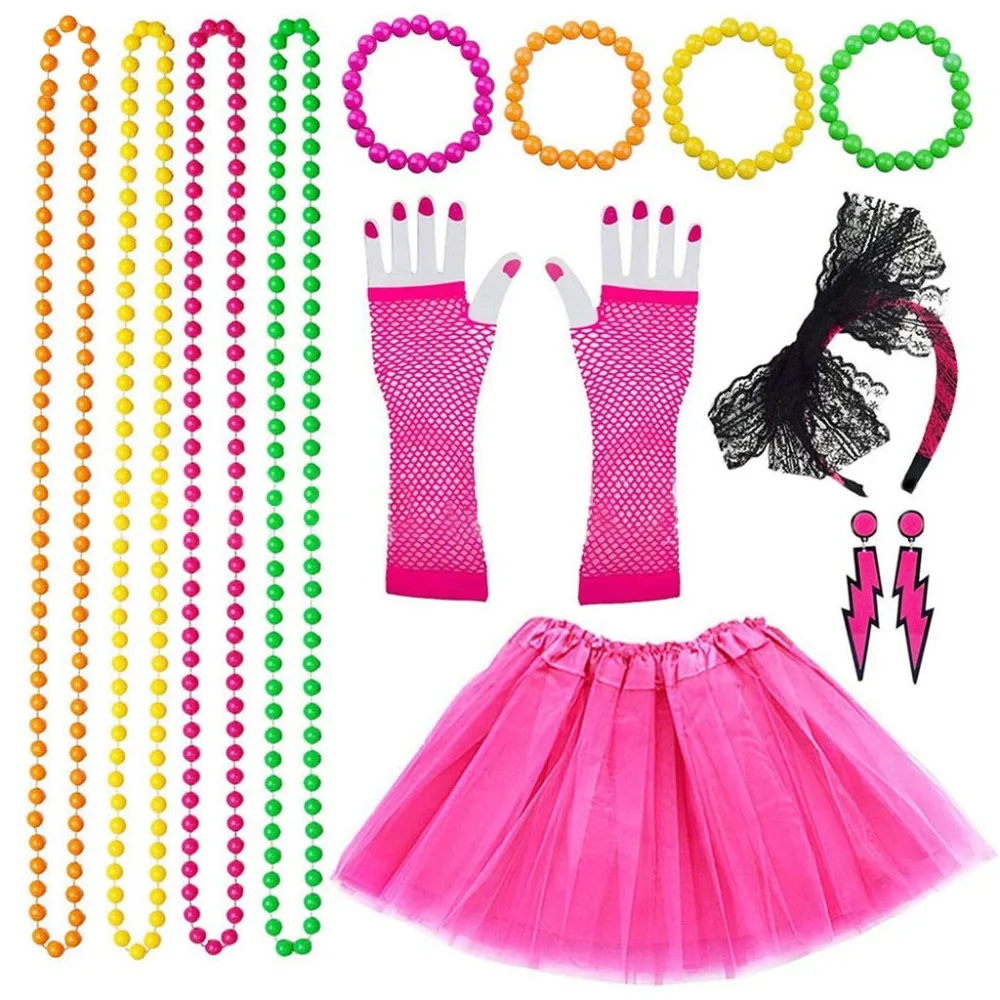 Women 80s Fancy Dress Accessories Retro Party Costume Set Adult Tutu Skirt Neon Fishnet Gloves Beaded Necklace Bracelet Earrings - Purple　5