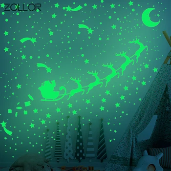 

Zollor 4pcs/set Christmas Elk Carriage Luminous Wall Sticker Set Night Glowing Children Room Ceiling Fluorescent Mural Decal