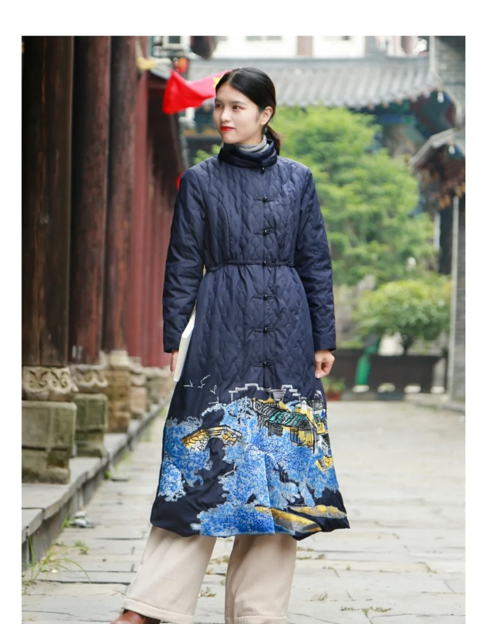 LZJN New Women's Winter Down Coat Jacket Embroidery Long Warm White Duck Down Coat Female Chinese Overcoat Parka Пуховик