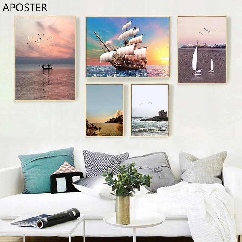 

Ocean Landscape Canvas Poster Nordic Style Sailboat Sunrise Wall Art Print Painting Decoration Picture Scandinavian Home Decor