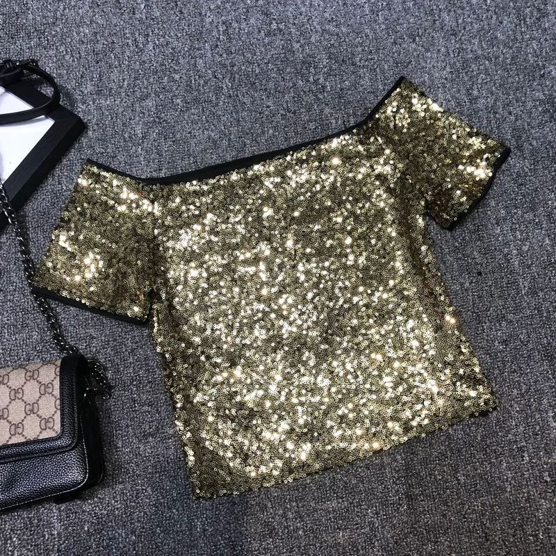 Sexy Shoulders A Word Sequins T-shirt Waist Coat Nightclub Stage