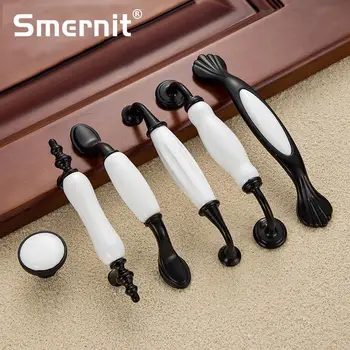 Black White Door Handles Country Style Ceramic Drawer Pulls Knob Kitchen Cabinet Handles and Knobs Furniture Handles