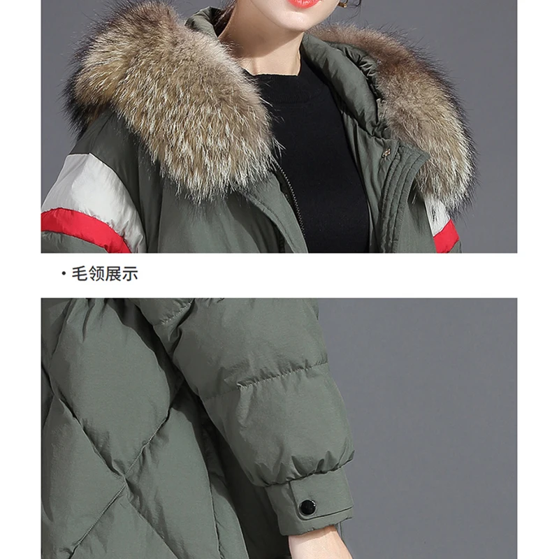 New Winter women down jacket Real fur hooded medium lengthOvercoat Plus size loose casual jacket Thick warm jacket female OK2222