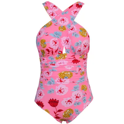 Слитный женский купальник с цветочным принтом, купальник для женщин, Ретро стиль, винтажные купальники размера плюс, пляжная одежда, монокини, большой размер 3XL - Цвет: pink