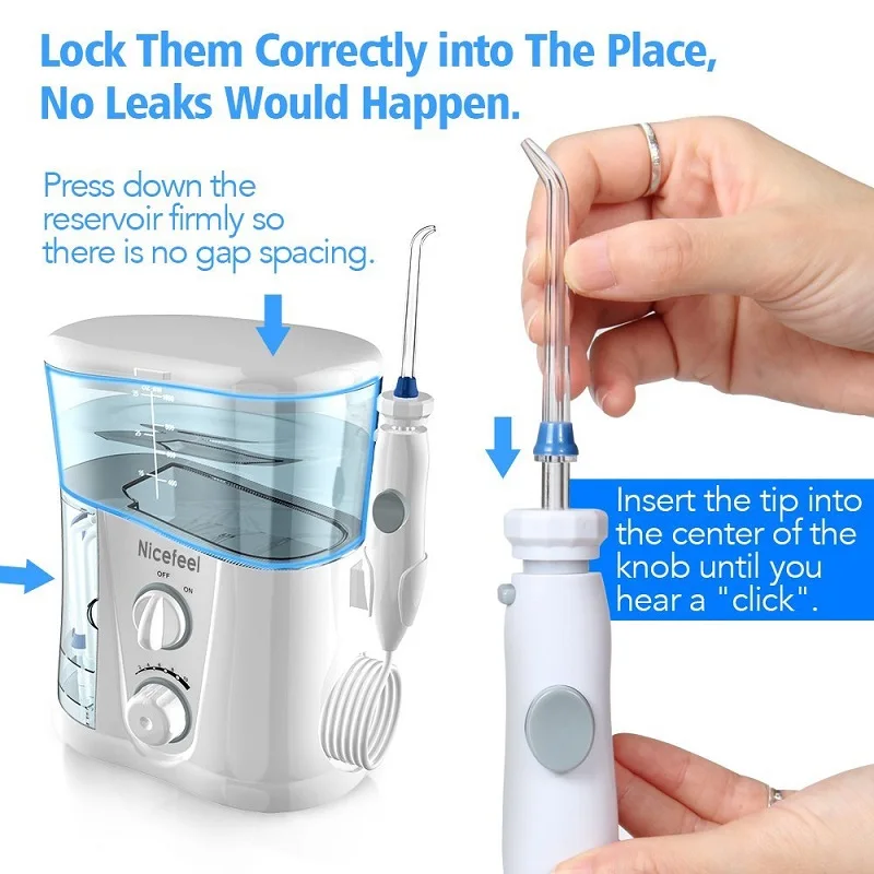 Nicefeel 1000ml Electric Oral Irrigator Teeth Cleaner Care Dental Flosser SPA Water Flosser with Adjustable Pressure+ 7 Pcs Jet