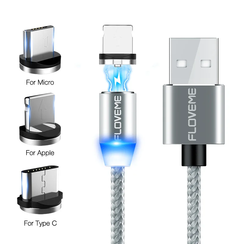 FLOVEME магнитное зарядное устройство Micro Usb кабель для iphone Usb type C Быстрая зарядка Адаптерный магнит зарядное устройство провод для samsung Xiaomi шнур - Цвет: Серебристый