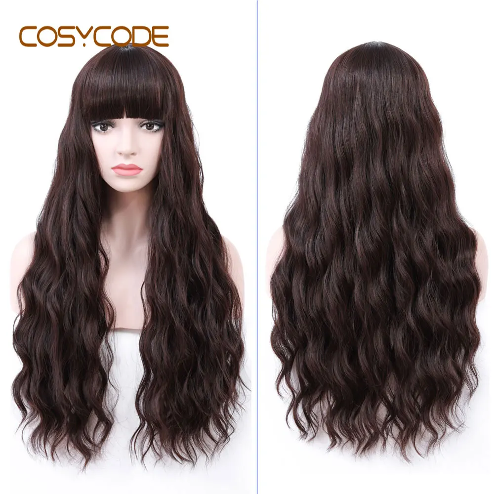COSYCODE, черный парик с челкой, 24 дюйма, длинные волнистые волосы, женский парик, некружевной синтетический парик для косплея, костюм, 60 см - Цвет: dark brown