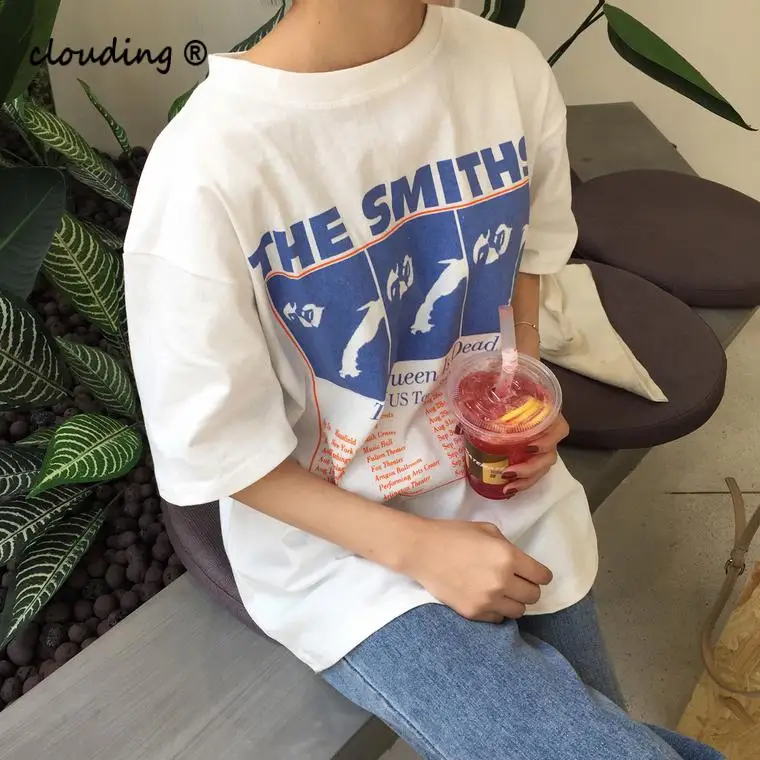 

Female T-Shirts New Fashion Match Loose Basic Short Sleeve All 2018 Cotton Vintage Letter Printed Causal White