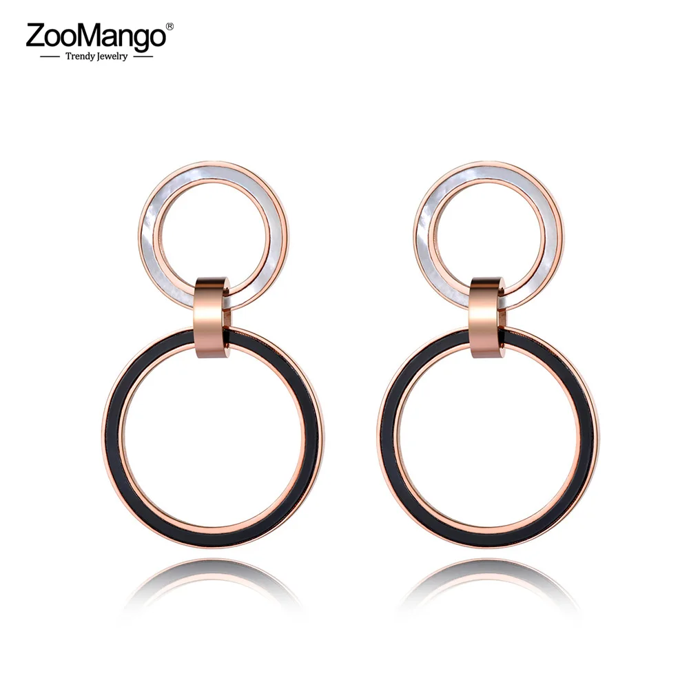 

ZooMango White Shell & Black Acrylic Double Circle Stainless Steel Stud Earrings Rose Gold Handmade Jewelry For Women ZE19011