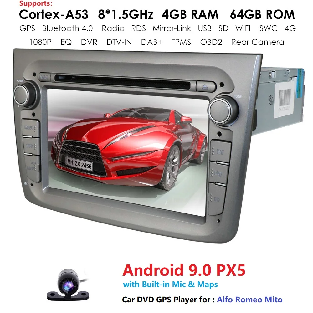 DSP ips HD 4 г+ 64 г автомобильный DVD мультимедийный плеер Android 9 gps радио для Alfa Romeo Mito Авто Радио стерео видео OBD2 DVR RDS SWC CAM