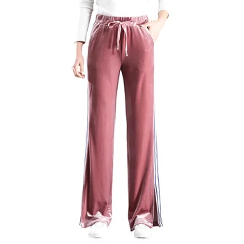 

women's Gold velvet wide leg pants female high waist straight trousers elastic waist wide leg casual pants pink striped pants