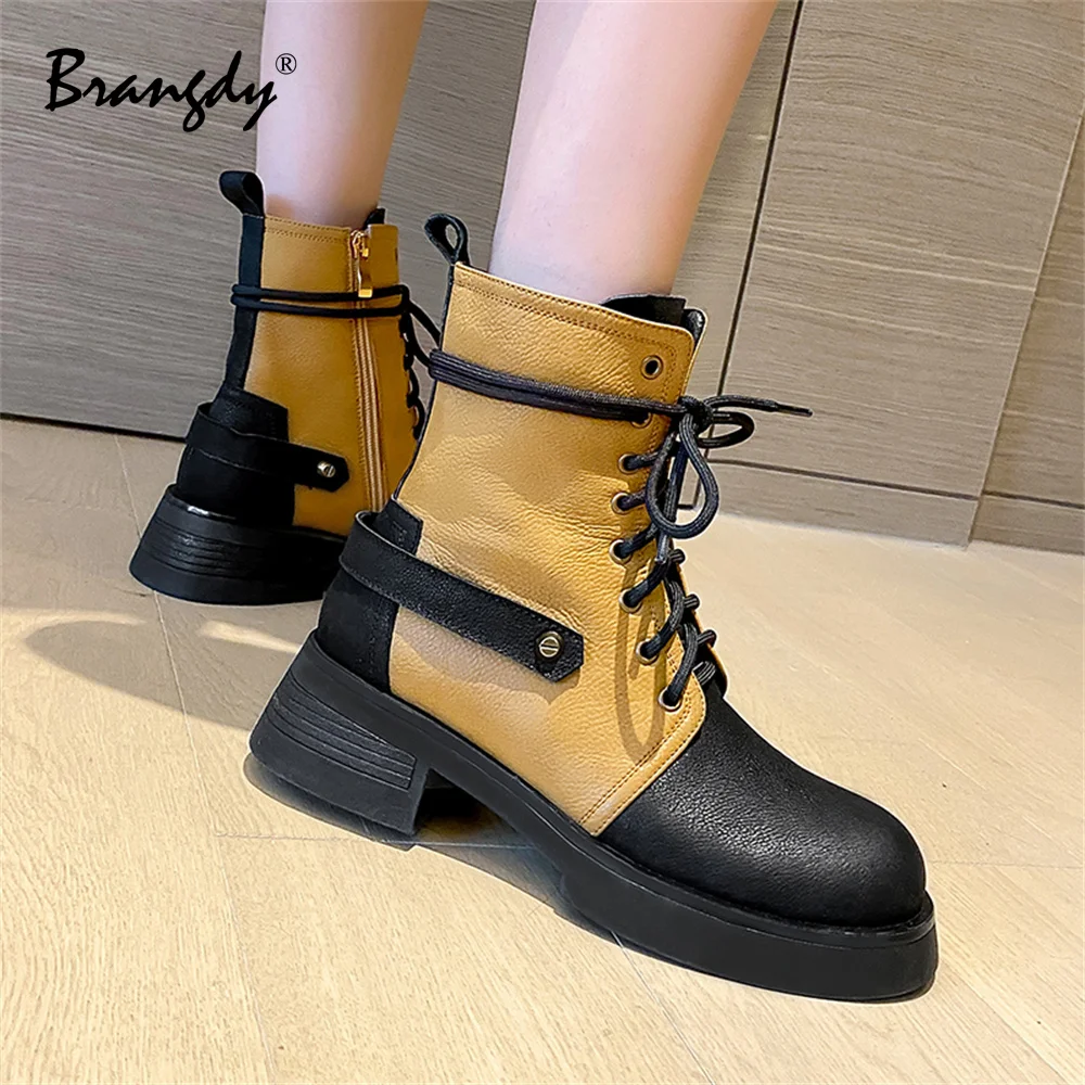 Women Boots Genuine Leather Splicing Women Shoes Mixed Colors Round Toe Women Winter Ankle Boots Fur Zipper Lace