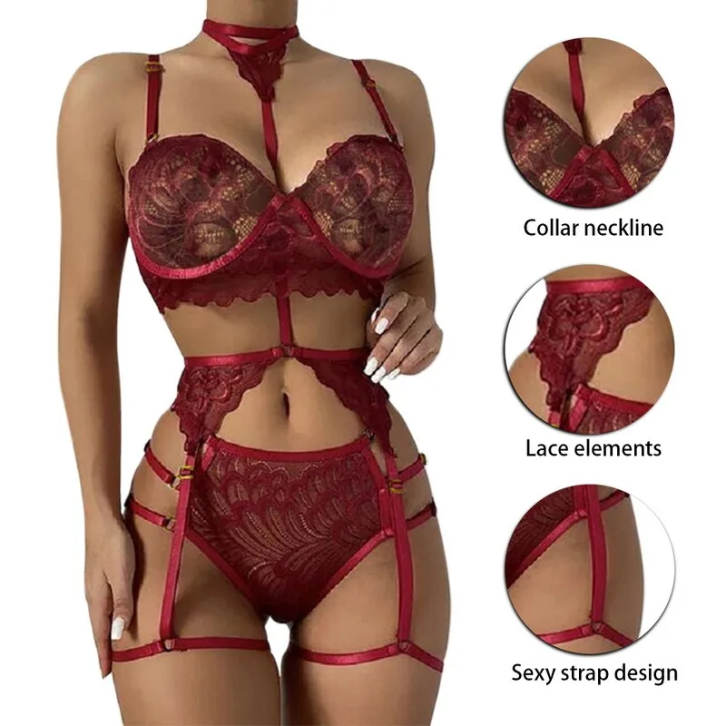 Ladies Lingerie Set Lace Mesh Bra See-through Floral Sexy Lingerie Push-up Bra Panties Garter Belt Set Erotic Underwear Set 2021 red bra set