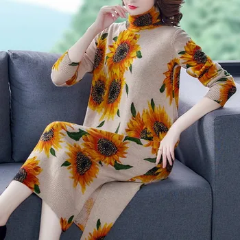 

Women Knitted Dress Winter Autumn Sun Flower Printed Turtleneck Long Sleeve Loose Pullover Sweater Dress Female Clothes Vestidos
