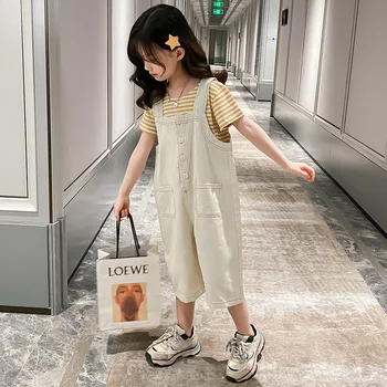 

Girls Clothes Sets Short Sleeve Striped T Shirt Tops + Overalls Pants Kids Summer Clothing Set Children 2 PCS Suit 3-12 Years