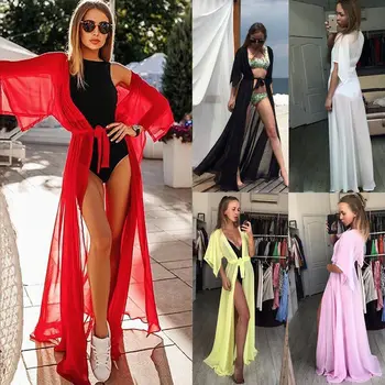 

NEW Summer Women Swimsuit Bikini Cover Up Sexy Beach Cover Ups Chiffon Long Dress Elegant Solid Beach Bathing Suit tunic kaftan