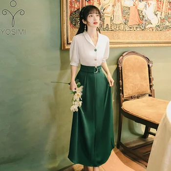 

YOSIMI Women Skirt and Top Sets 2020 Summer Short Sleeve White Shirt Top and Green Mid-calf Skirt Set Women 2 Piece Set Suit