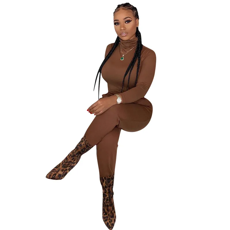 brown 2 piece set Adogirl, Женский однотонный повседневный комплект из двух предметов, Осень-зима, водолазка с длинным рукавом, тонкая футболка, топ, узкие брюки, спортивный костюм - Цвет: brown 2 piece set