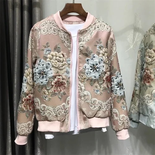 light pink coat Neploe осенне-зимняя верхняя одежда куртки женские винтажные жаккардовые вышитые бисером топы пальто свободные повседневные куртки-бомберы - Цвет: light pink coat