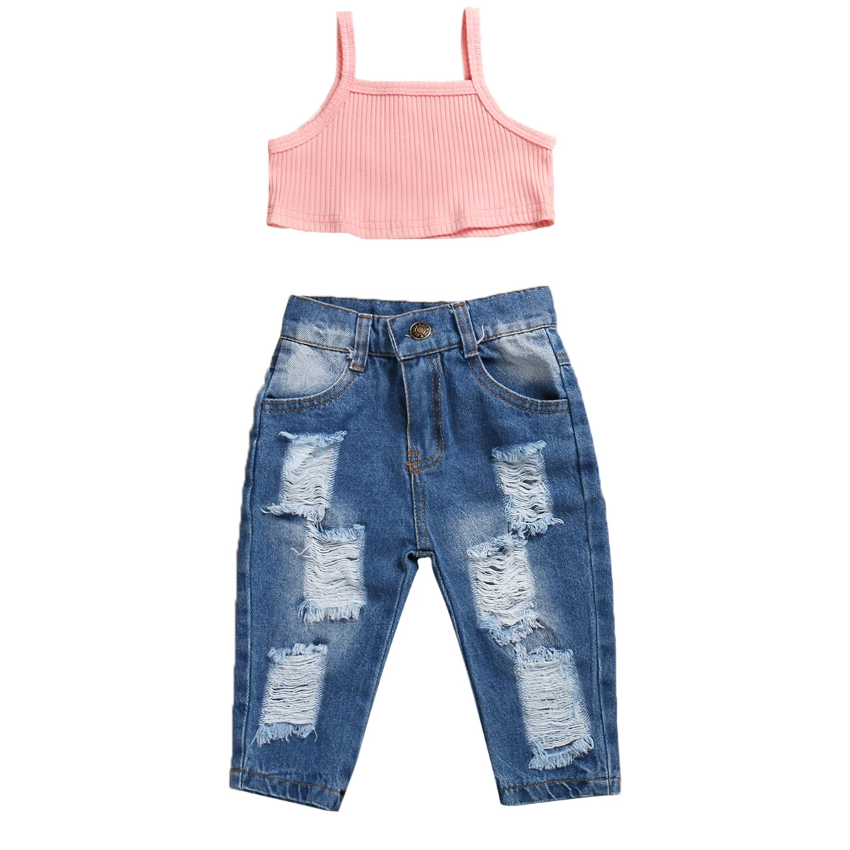 1-5Y Summer Kids Baby Girls Outfit Sets 2Pcs Solid Sleeveless Sling Camis Ribbed Crop Top Ripped Jeans Pants Fashion Girl Sets kids clothing set girls clothing set