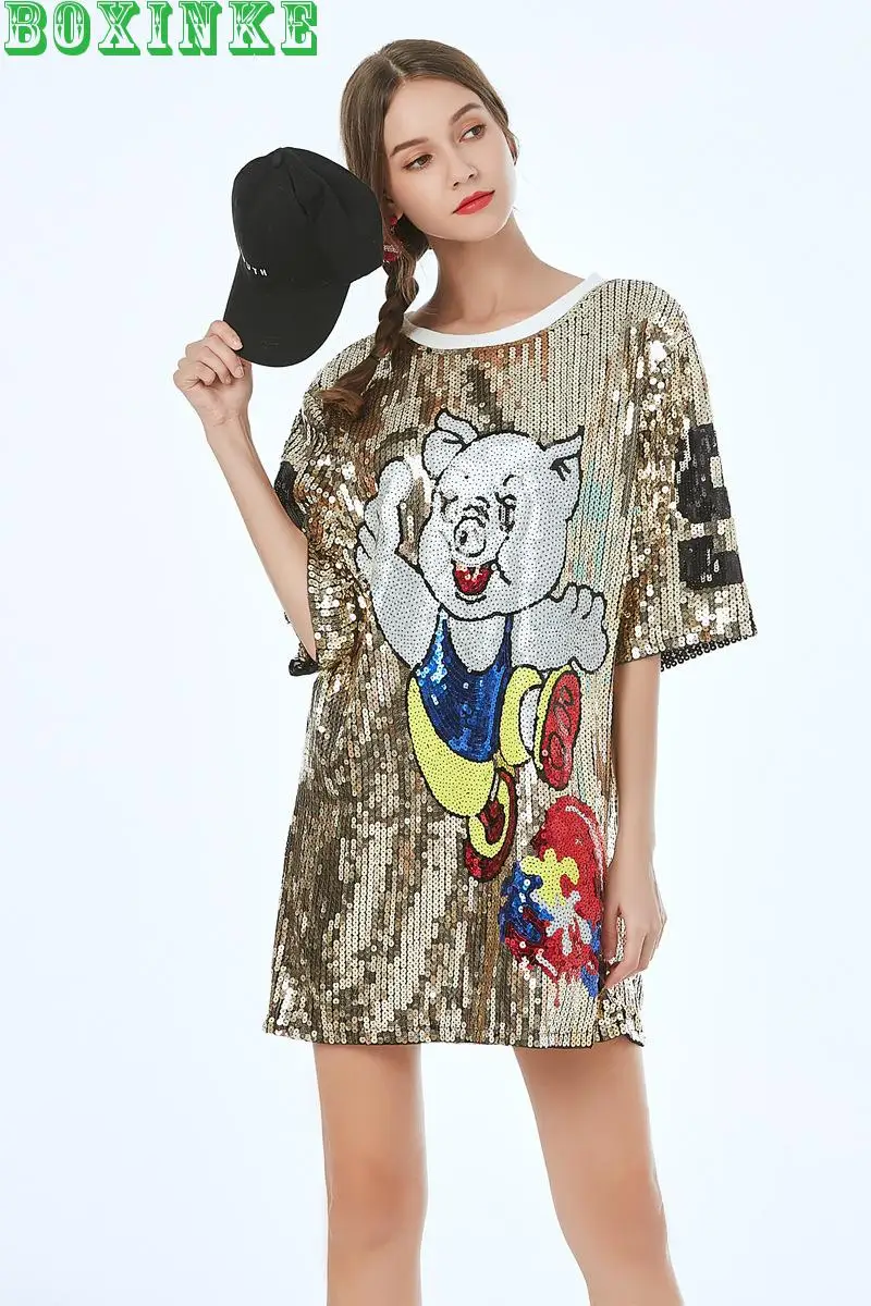 

Kpop Tumblr Unicorn And American New Cartoon Bead Embroidered Pig Loose Large Top Number 19 Medium Long Sequin T-shirt Female