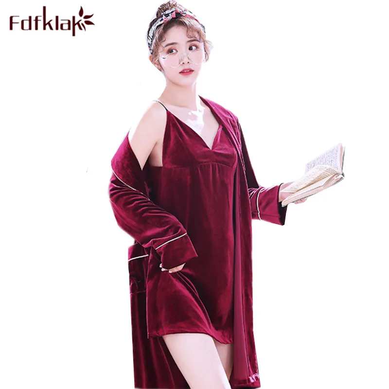 

Fdfklak Gold velvet warm sleepwear women autumn winter bathrobe sexy two piece nightwear robe set new lounge wear home clothes